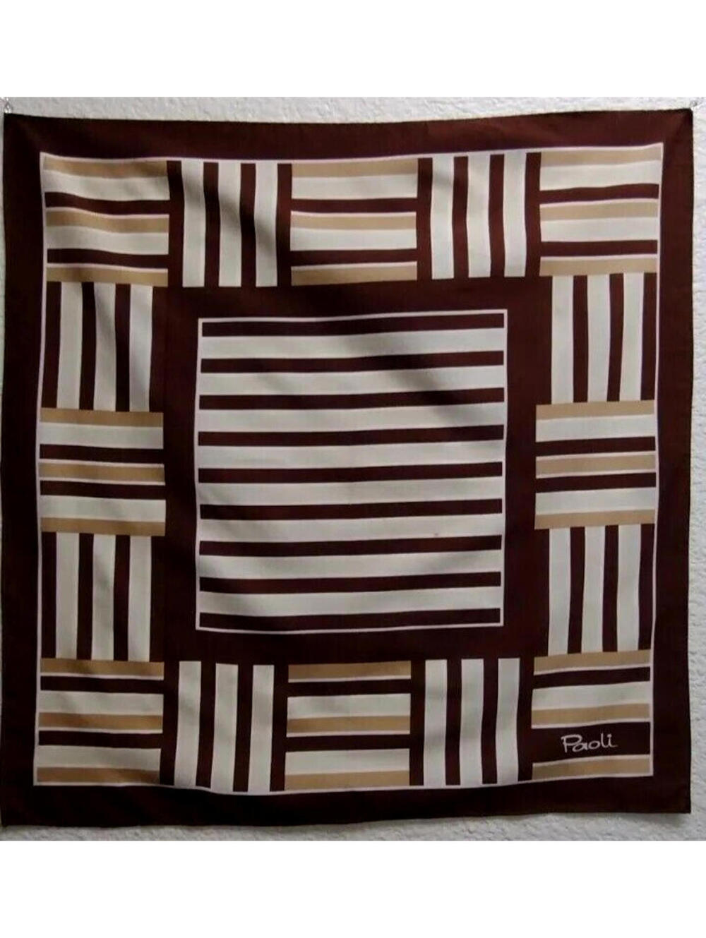 Vintage 1970s Scarf PAOLI Brown Tan Cream Colors MCM VTG Geometric Disco Striped